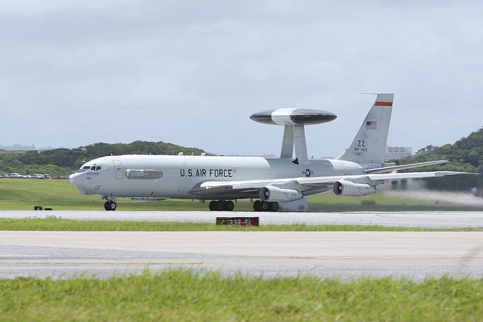 A U.S. Air Force E-3 Sentry Airborne Warning and Control System from the 961st Airborne Air Control Squadron taxis on the runway before take