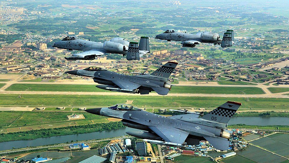 F-16 Falcons and A-10 Thunderbolt IIs fly over the Republic of Korea. Airmen from Osan joined Airmen from across the world to participate in