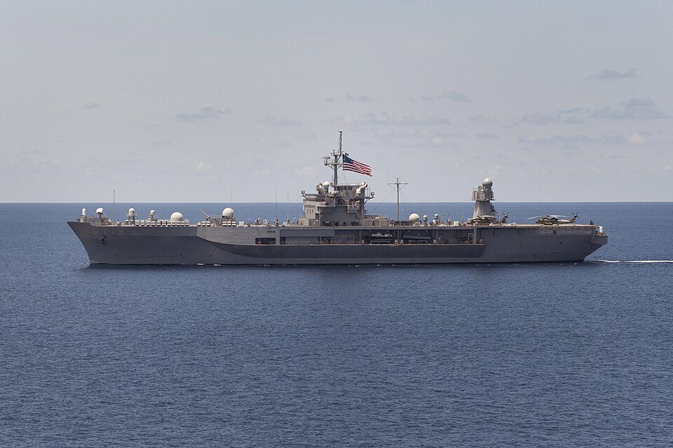 120521-N-KS651-173 SOUTH CHINA SEA (May 21, 2012) The U.S. 7th Fleet flagship USS Blue Ridge (LCC 19) as seen from the amphibious dock landi