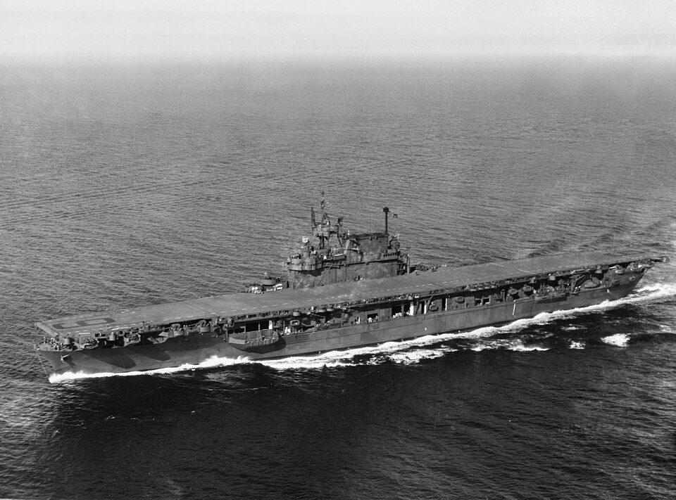 The U.S. Navy aircraft carrier USS Enterprise (CV-6) making 20 knots during post-overhaul trials in Puget Sound, Washington (USA), on 13 Sep