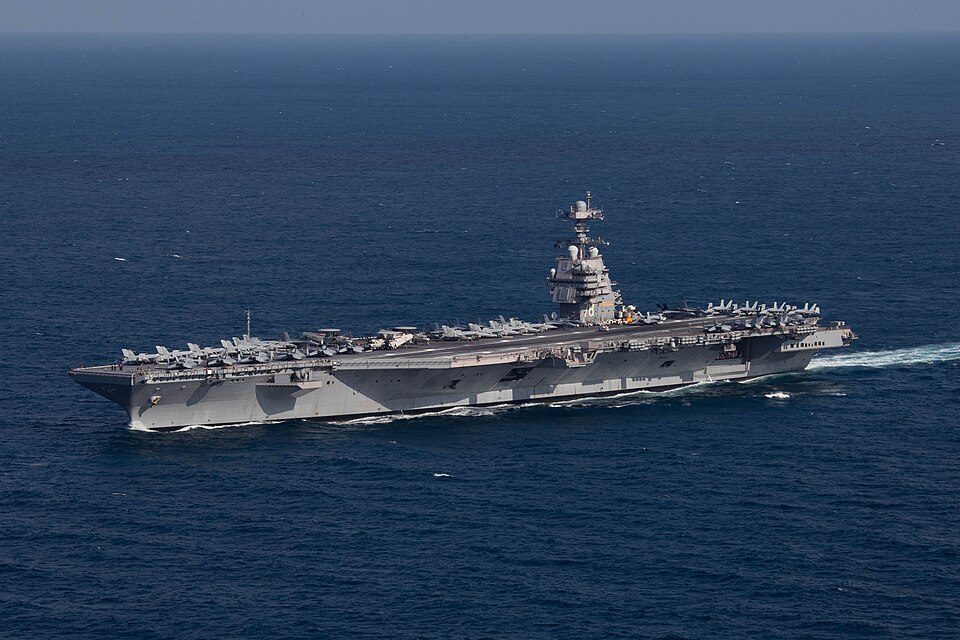 The U.S. Navy aircraft carrier USS Gerald R. Ford (CVN-78) steams the Atlantic Ocean during a simulated straits transit with the Gerald R. F
