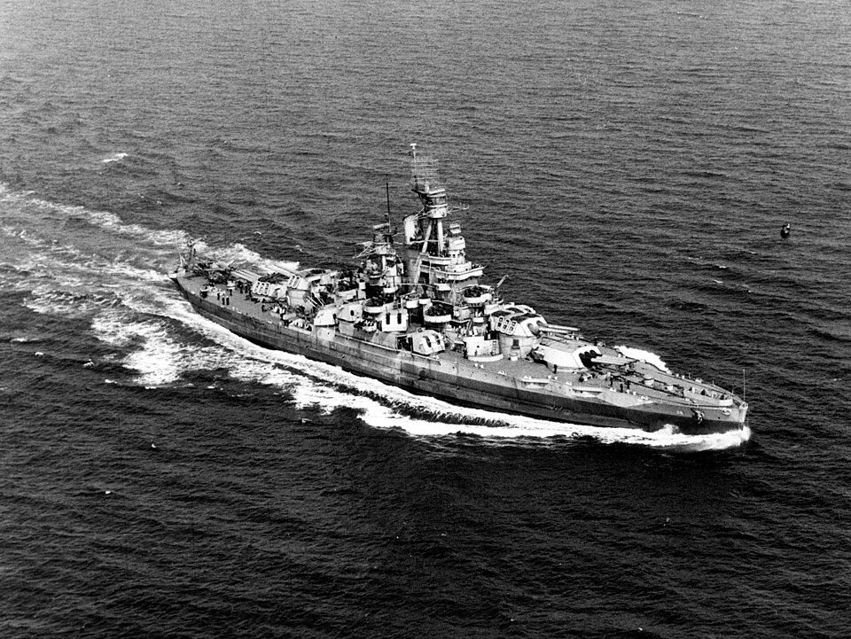 USS Nevada (BB-36) underway off of the U.S. Atlantic coast on 17 September 1944. Photographed from a blimp of squadron ZP-12.  Official U.S.