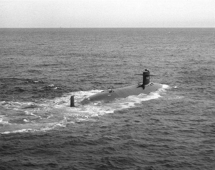 USS Thresher (SSN-593), starboard quarter view, taken while the submarine was underway on 30 April 1961.