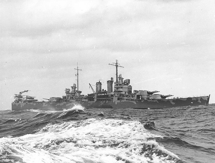 The U.S. Navy heavy cruiser USS Wichita (CA-45) operating with the British Home Fleet, in the vicinity of Scapa Flow, Scotland (UK), 22 Apri