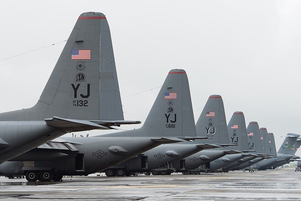 U.S. Air Force C-130J Super Hercules aircraft with the 36th Airlift Squadron are parked on the flightline during a readiness week exercise a